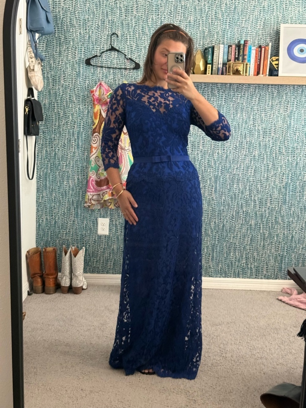 Tadashi Elegant Navy Blue Lace Evening Dress